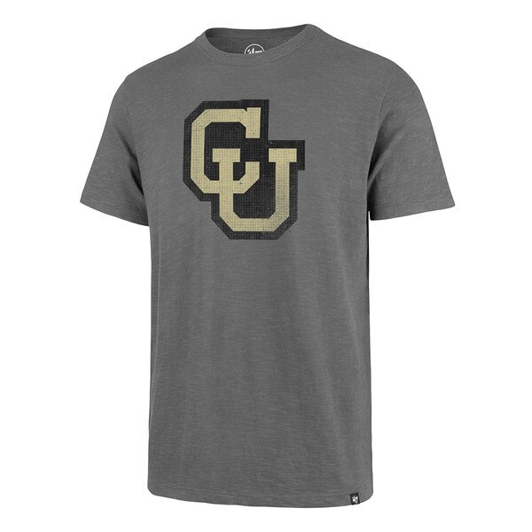 Charcoal gray t-shirt featuring large gold and black CU Buffaloes interlocking logo on chest